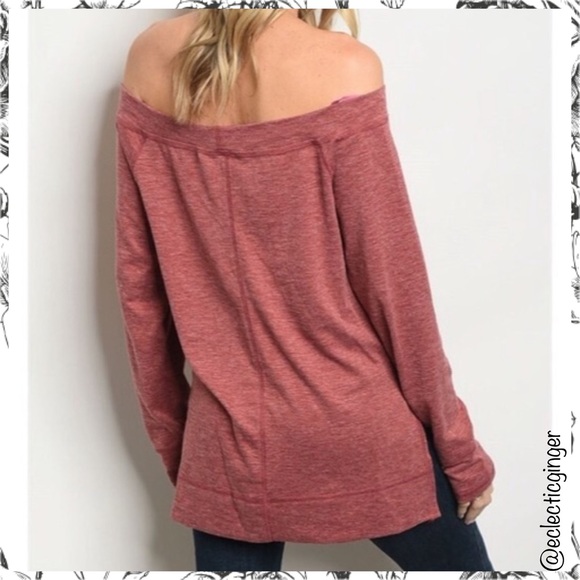 Heathered red wine off the shoulder knit long sleeve top Small S - Picture 2 of 5